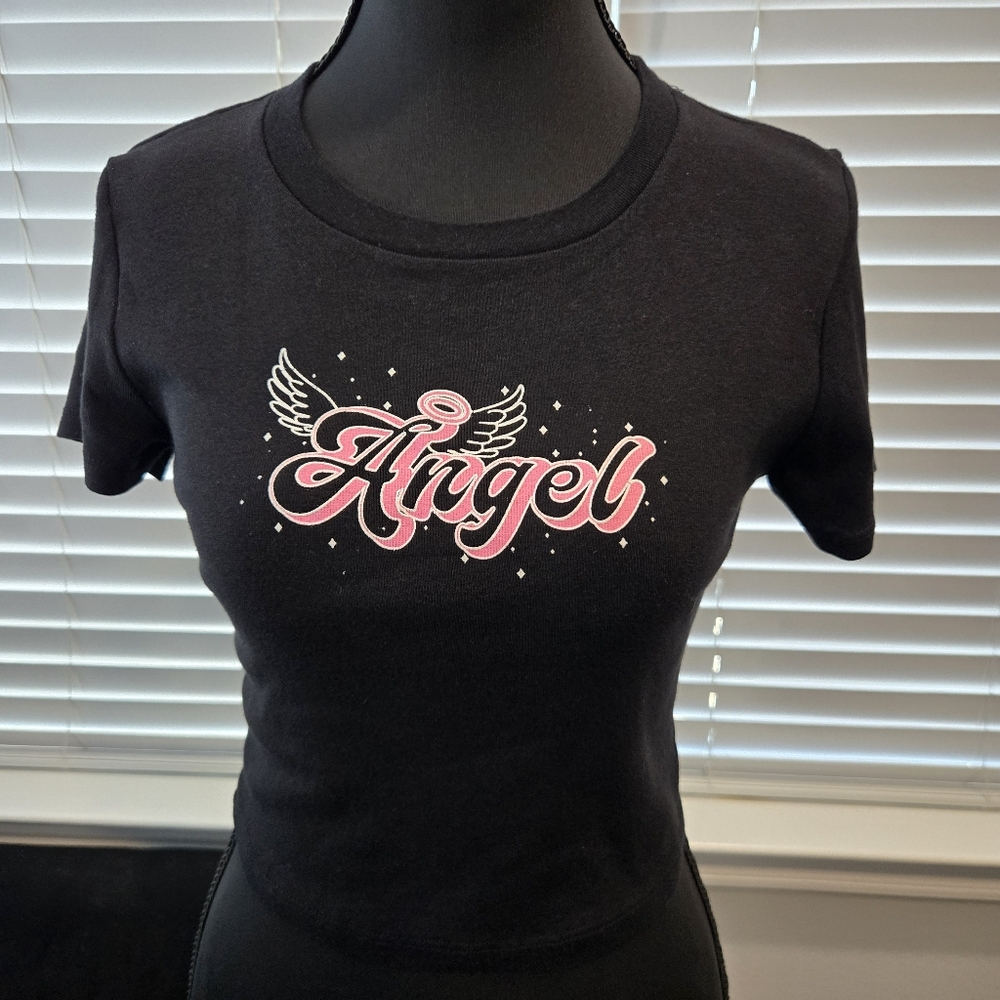 Black ‘Angel’ Baby Tee | Pink Letter Graphic Top | Y2K Aesthetic